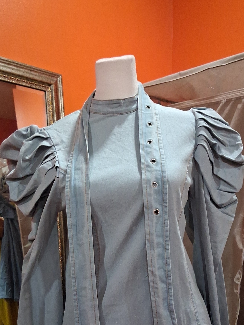 Light Blue Puff-Sleeve Mini Dress with Sash